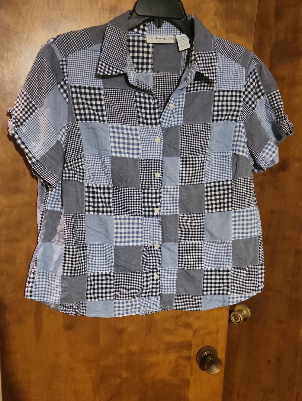 Sag Harbor Blue Patchwork Gingham Short-Sleeve Button-Down
